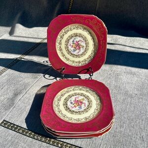 Antique Bohemia PULS Plate Set of 4 Square Scalloped Burgundy Gold Trim 8”